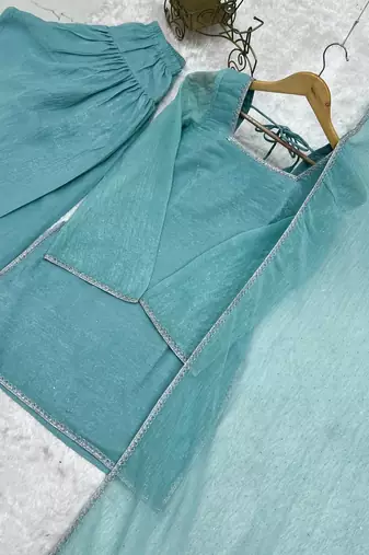 Sky blue crunchy silk zardosi with lace work kurta patiala set