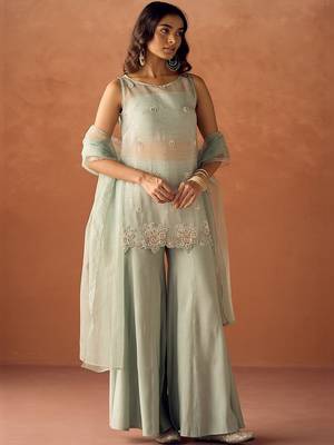 Pista green pure crush beads work top, blouse & plazzo with dupatta set 1