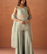 Pista green pure crush beads work top, blouse & plazzo with dupatta set