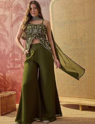Green georgette heavy thread embroidery work kurta with palazzo & dupatta set 2