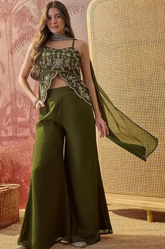Green georgette heavy thread embroidery work kurta with palazzo & dupatta set