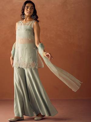 Pista green pure crush beads work top, blouse & plazzo with dupatta set 3