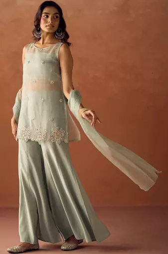 Pista green pure crush beads work top, blouse & plazzo with dupatta set