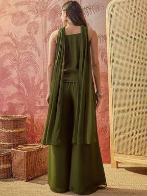 Green georgette heavy thread embroidery work kurta with palazzo & dupatta set 4