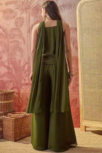 Green georgette heavy thread embroidery work kurta with palazzo & dupatta set