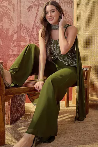 Green georgette heavy thread embroidery work kurta with palazzo & dupatta set