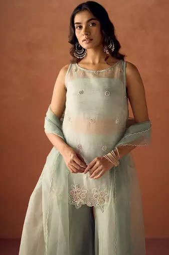 Pista green pure crush beads work top, blouse & plazzo with dupatta set