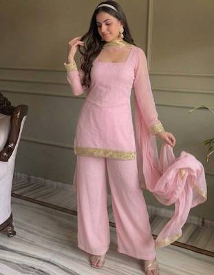 Pink georgette embroidery lace border work kurta palazzo set 1