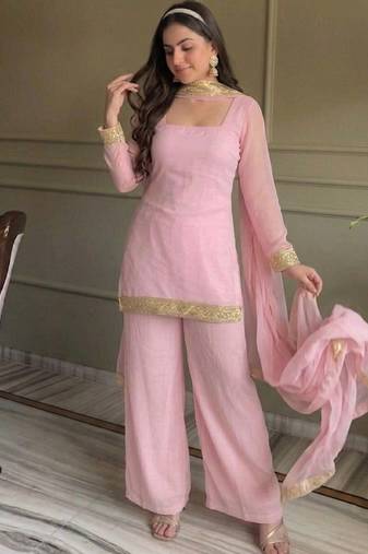 Pink georgette embroidery lace border work kurta palazzo set