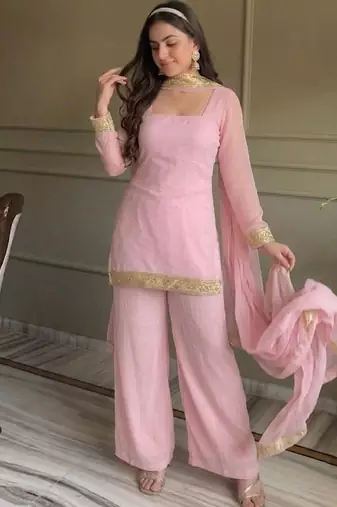 Pink georgette embroidery lace border work kurta palazzo set