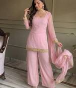 Pink georgette embroidery lace border work kurta palazzo set