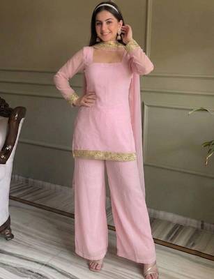 Pink georgette embroidery lace border work kurta palazzo set 2