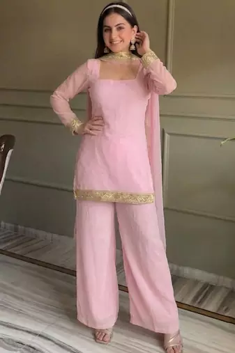 Pink georgette embroidery lace border work kurta palazzo set