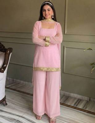Pink georgette embroidery lace border work kurta palazzo set 3