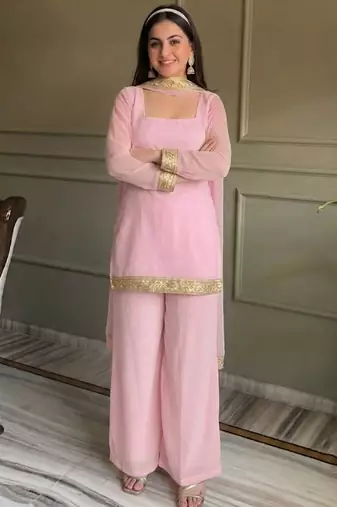 Pink georgette embroidery lace border work kurta palazzo set