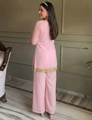 Pink georgette embroidery lace border work kurta palazzo set 4