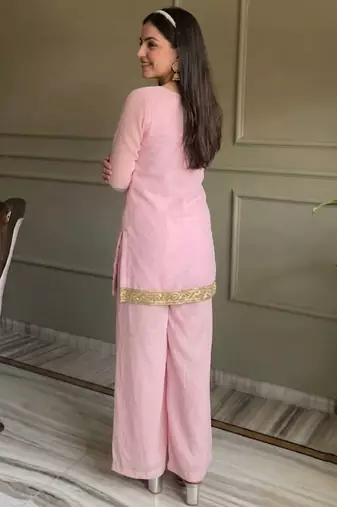 Pink georgette embroidery lace border work kurta palazzo set