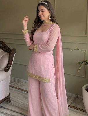 Pink georgette embroidery lace border work kurta palazzo set 5