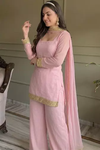 Pink georgette embroidery lace border work kurta palazzo set