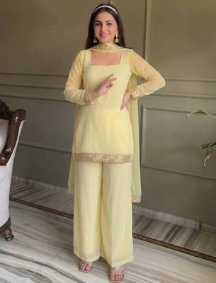 Yellow georgette embroidery lace border work kurta palazzo set 1