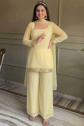 Yellow georgette embroidery lace border work kurta palazzo set
