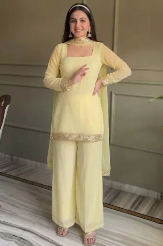 Yellow georgette embroidery lace border work kurta palazzo set