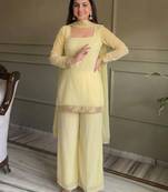 Yellow georgette embroidery lace border work kurta palazzo set