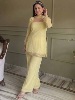 Yellow georgette embroidery lace border work kurta palazzo set 2