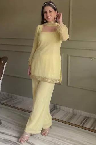 Yellow georgette embroidery lace border work kurta palazzo set
