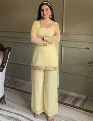 Yellow georgette embroidery lace border work kurta palazzo set 3