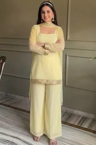 Yellow georgette embroidery lace border work kurta palazzo set