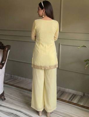 Yellow georgette embroidery lace border work kurta palazzo set 4