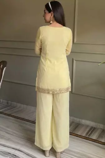 Yellow georgette embroidery lace border work kurta palazzo set