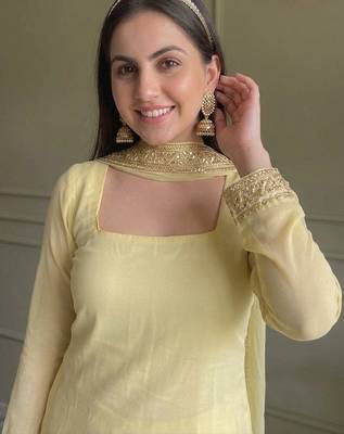 Yellow georgette embroidery lace border work kurta palazzo set 5