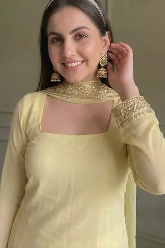 Yellow georgette embroidery lace border work kurta palazzo set