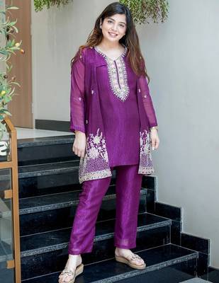 Purple chinon silk heavy thread embroidery beads work kurta & pant with koti set 1