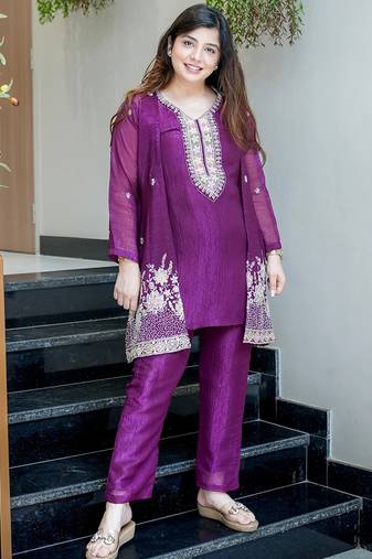 Purple chinon silk heavy thread embroidery beads work kurta & pant with koti set