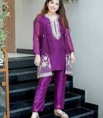 Purple chinon silk heavy thread embroidery beads work kurta & pant with koti set