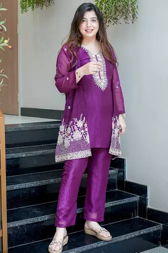 Purple chinon silk heavy thread embroidery beads work kurta & pant with koti set