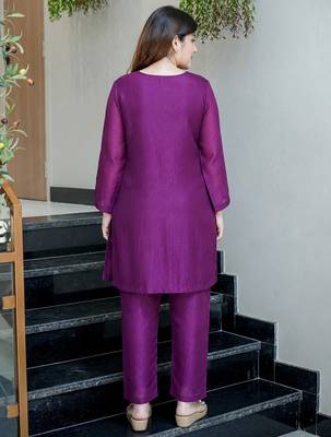 Purple chinon silk heavy thread embroidery beads work kurta & pant with koti set 3