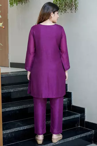 Purple chinon silk heavy thread embroidery beads work kurta & pant with koti set