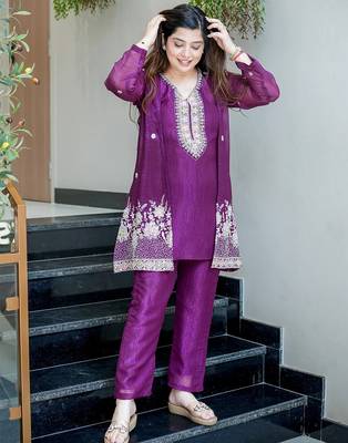 Purple chinon silk heavy thread embroidery beads work kurta & pant with koti set 4