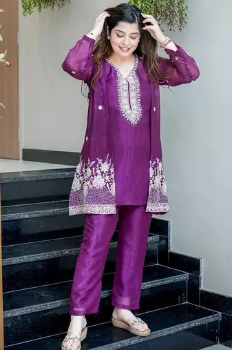 Purple chinon silk heavy thread embroidery beads work kurta & pant with koti set
