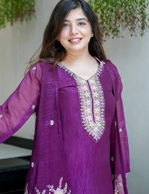 Purple chinon silk heavy thread embroidery beads work kurta & pant with koti set 5