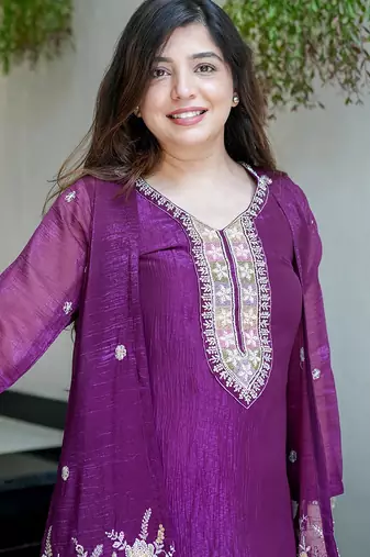 Purple chinon silk heavy thread embroidery beads work kurta & pant with koti set