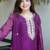 Purple chinon silk heavy thread embroidery beads work kurta & pant with koti set