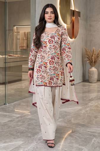 Designer cream floral print kurta farshi pant set with dupatta