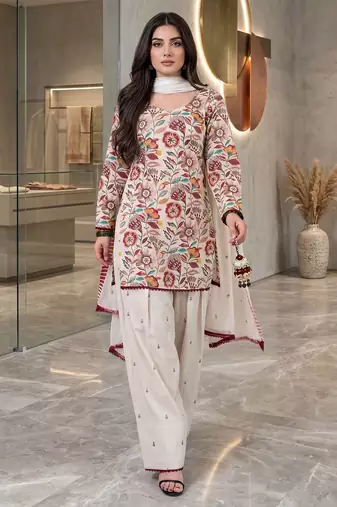 Designer cream floral print kurta farshi pant set with dupatta