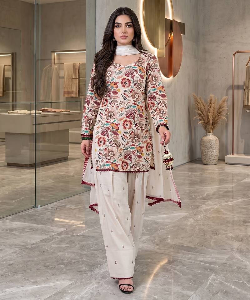 Designer cream floral print kurta farshi pant set with dupatta