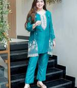 Teal chinon silk heavy thread embroidery beads work kurta & pant with koti set